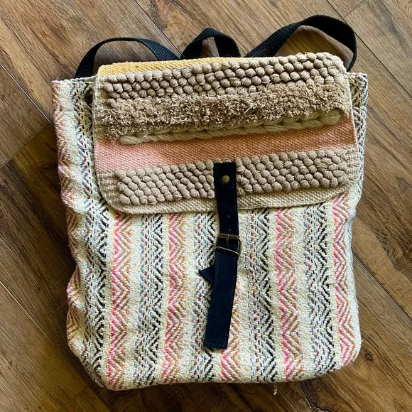 WORLD MARKET MADE IN INDIA BOHO WOVEN STRIPED COTTON BLEND BACK PACK Cost Plus World Market | Bags | World Market Woven Backpack  main image 3